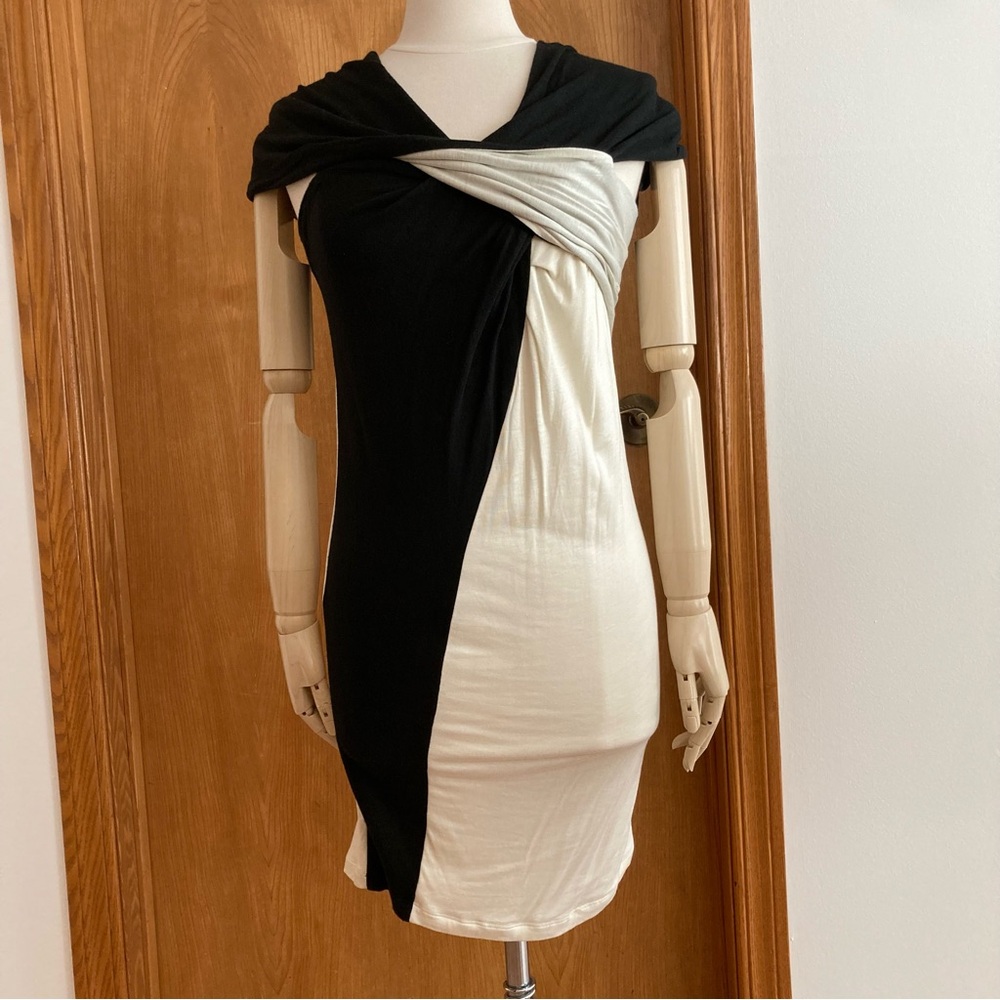 THAKOON | Black & Off-White Twist Draped Two-Tone Sheath Dress Sz S
